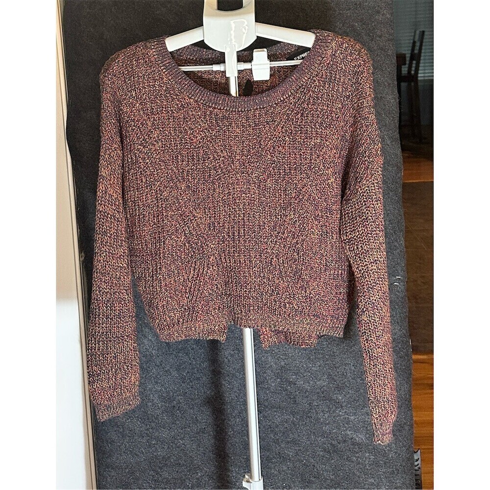 Express Sweater Womens Size S Multicolor Chunky Knit Crewneck Open Back Festival